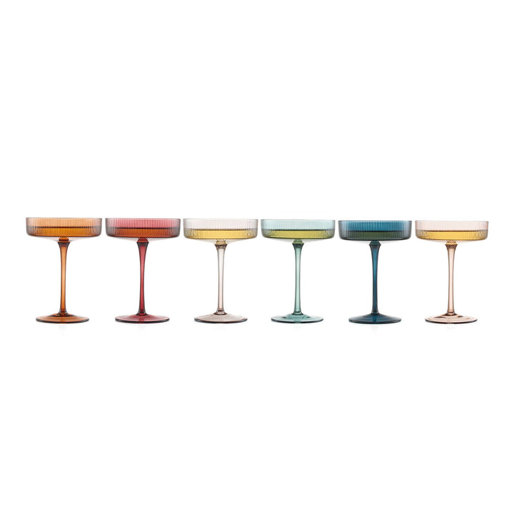 Art Deco Ribbed Pastel Coupe, & Cocktail Glasses - 6 Set
